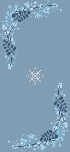 a blue and white snowflake with leaves on the corner, in front of a gray background