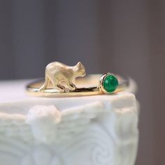 18K Solid Gold Natural Round Emerald Rings Cat Charm Elegant Jewelry 5-9 Gemstones Rings, Animal Ring, Affordable Cat Design Rings For Gifts, Cute Cat Design Round Jewelry, Cat Design Jewelry Ring As A Gift, Elegant Cat Design Jewelry Ring, Wax Carving Jewelry, Gold Dangle Cat Design Jewelry, Unique Gold Rings