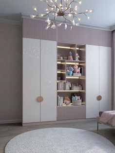 a room with a bed, shelves and a chandelier