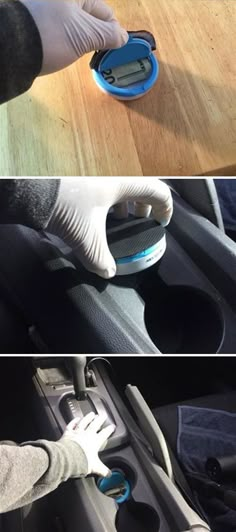 two pictures showing the inside of a car with gloved hands and gloves on it