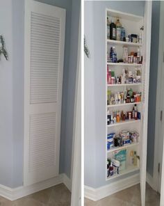 two pictures side by side showing the inside of a medicine cabinet and the outside of a door