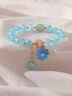 Blue  Collar  Glass   Embellished   Women's Fashion Jewelry Blue Jewelry Bracelets, Braslet For Women's, Bracelet Aesthetic Beads, Cute Blue Bracelet Jewelry, Cute Adjustable Blue Bracelets, Blue Flower Bead Bracelet, Elegant Blue Flower Bracelets, Aesthetic Bracelets, Stylish Jewelry Accessories