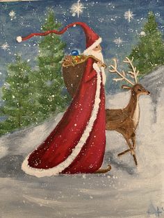 a painting of santa claus and reindeer in the snow