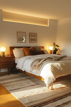 a large bed sitting next to two lamps on top of a wooden dresser in a bedroom