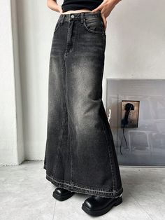 Women's Pocket Patchwork Fringe Hem Maxi Denim Skirt Black Casual   Woven Fabric Plain,All Over Print Mermaid Non-Stretch  Women Clothing, size features are:Bust: ,Length: ,Sleeve Length: Shein Denim Skirt, Black Denim Maxi Skirt, Jean Skirt Long, Y2k Jean Skirt, Denim Skirt Black, Maxi Denim Skirt, Black Jean Skirt, Long Jean Skirt, Denim Skirt Outfits