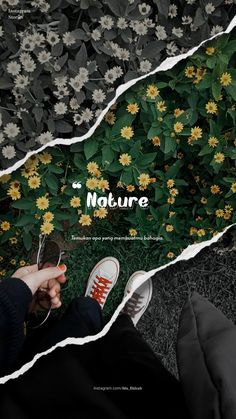 someone holding their cell phone in front of some flowers and the words nature on it