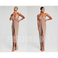 two pictures of a woman wearing a dress with one side slited and the other side split