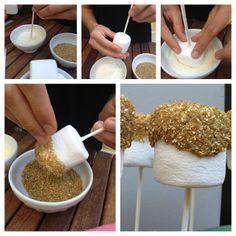 the process of making marshmallows is shown in four different pictures, including one being dipped with butter and then drizzled with sugar