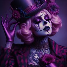 a woman with pink hair and makeup is dressed up as a skeleton wearing a top hat