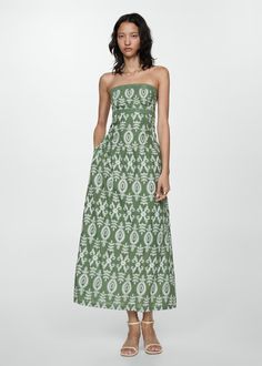 Strapless embroidered dress - Woman | MANGO USA Chic Embroidered Cotton Midi Dress, Miranda Dress, Garden Party Dress, Judas Priest, Cocktail Attire, Honeycomb Pattern, Dinner Dress, Maxi Gowns, Short Long