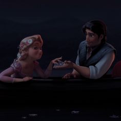 the princess and the frog are talking to each other in front of a dark background