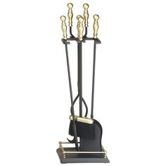 a black and gold metal tool holder with five tools on it's legs,