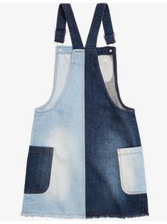 a blue jean overall dress with white patches on the front and back, in two different colors