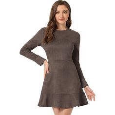 This Regular Fit faux suede dress is perfect for spring, fall, and winter wear, which is simple and fashionable, elegant but casual. Punching up your casual look with this flattering faux suede ruffle hem mini dress, the soft fabric can be worn comfortably. This high waist close fit with the ruffle hem design can shape your waistline and leave a charming look. Home Dress Women, Cool Girl Outfits, Long Sleeve Ruffle Dress, Faux Suede Dress, Floral Lace Shorts, Party Mini Dress, Ruffle Fabric, Short Bridesmaid Dresses, Suede Dress