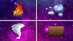 there are four different types of objects in the space with fire and water on them