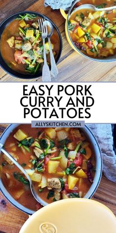 easy pork curry and potato soup with spinach in a bowl on a wooden table