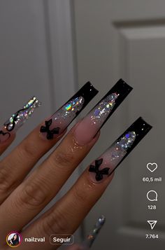 New Years Baddie Nails, Nail Designs Girly, Black Blinged Out Nails, Black Birthday Nails Acrylic, Baddie Black Nails, Baddie Long Acrylic Nails, Baddie French Tip Nails, Black Baddie Nails, Long Baddie Nails