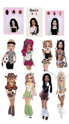 many different dolls are shown in this image