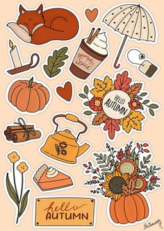 an assortment of autumn stickers on a pink background