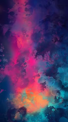 an abstract painting with blue, pink and orange colors in the sky on a black background