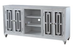 a white cabinet with open doors and shelves on both sides, in front of a white background