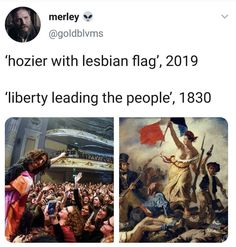 an image of people in the middle of two pictures, one with a woman holding a flag