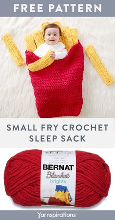 a baby sleeping in a crochet bed with text that reads, small fry croche