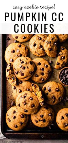 pumpkin cc cookies stacked on a brown sheet pan with text overlay that says pumpkin cc cookies, easy cookie recipe Chewy Cake, Soft Pumpkin Chocolate Chip Cookies, Chocolatechip Cookies, Pumpkin Dump, Chocolate Chip Cookies Ingredients, Pumpkin Spice Cookies, Pumpkin Chocolate Chip, Pumpkin Chocolate Chip Cookies, Spice Cake Mix