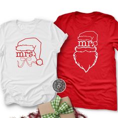 Christmas Themed Mr. and Mrs. Relaxed Fit Tee for Him and Her /// #beforetheidos #mrandmrs #Santa #ourfirstChristmas #asmrandmrs #Christmas #Christmaspjs #pajamas Mr And Mrs Shirts Ideas, White Christmas T-shirt Gift, Family Matching Red Christmas Shirt, Red Family Matching Christmas Shirt, Christmas Festive Shirt With Graphic Print, Pre-shrunk White Christmas Shirt, Festive Christmas Graphic Print Shirt, Funny White T-shirt For Holiday, White Holiday Gift T-shirt