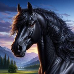 a painting of a black horse standing in front of a mountain range at night with the sun setting behind it