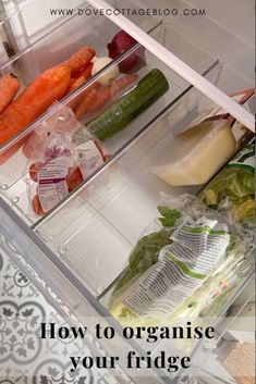 How to declutter and organise your fridge. Kitchen organisation tips and inspiration. Using storage hacks and tubs to tidy your food storage Fridge Kitchen, Vegetable Drawer, Organisation Tips, Storage Tubs, How To Declutter, Vegetable Storage, Interiors Inspiration