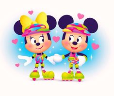 two cartoon mickey and minnie mouses standing next to each other with hearts in the background