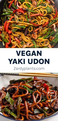 vegan yaki udon with vegetables in a wok