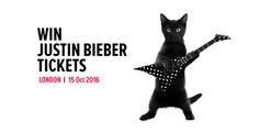 a black cat playing an electric guitar in front of a white background with the words win, justin bieber tickets