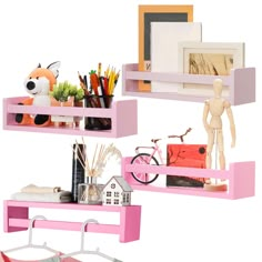 three shelves with various items on them, one pink and the other light pink in color