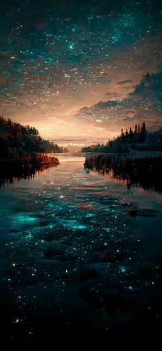 the sky is filled with stars and water