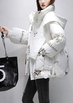 Down Puffer Jacket, Street Chic, Winter White, Puffer Jacket, Letter Print