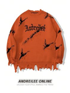 Unisex Halloween Limited Edition Streetwear Style Letter Embroidered Distressed Hole Casual Oversized Pullover Sweater For Autumn & Winter Orange Casual  Long Sleeve Knitwear Halloween,Letter,Plain Pullovers Medium Stretch Spring,Fall/Winter Men Clothing, size features are:Bust: ,Length: ,Sleeve Length: Winter Orange, Retro Alphabet, Mode Hip Hop, Oversized Pullover Sweaters, Pull Oversize, Streetwear Style, Oversized Pullover, Knitwear Men, Style Streetwear