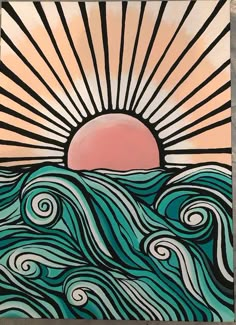 a painting with waves and the sun in the background