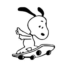 a black and white drawing of a cartoon character on a skateboard