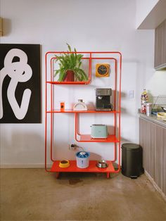 an orange shelving unit in a kitchen next to a painting and potted plant