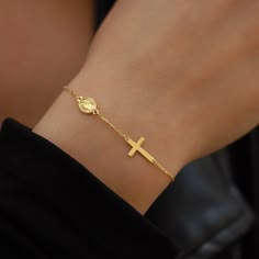 14K Solid Gold Cross Bracelet for Women, Miraculous Medal, Catholic Rosary Bracelets for Women, Religious Bracelet, Graduation Gift - Etsy Elegant Rosary Bracelet With Cross For Gift, Elegant Cross Rosary Bracelet As Gift, Yellow Gold Cross Bracelet For Gift, Dainty Yellow Gold Rosary Bracelet As Gift, Yellow Gold Cross Bracelets As Gift, Yellow Gold Cross Bracelet Gift, Yellow Gold Cross Bracelet As Gift, Minimalist Gold Rosary Bracelet Gift, Dainty Rose Gold Rosary Bracelet Gift