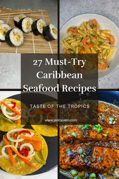 A vibrant collection of 27 Caribbean seafood dishes, including Jamaican escovitch fish, spicy curry shrimp. Each dish is beautifully plated with authentic sides like fried plantains. Perfect for seafood lovers searching for easy Caribbean recipes, island-inspired dinners, and flavorful seafood dish recipes.