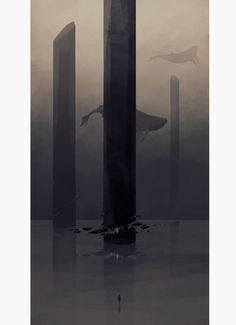 an image of a group of tall pillars in the middle of a foggy area