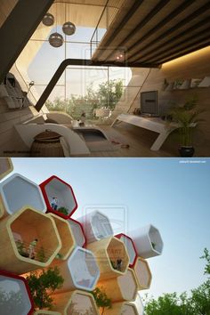 two pictures side by side, one showing the inside and outside of a house with honeycombs on the ceiling