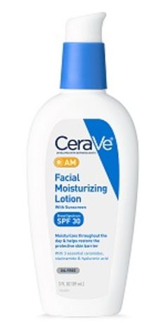 Developed with Dermatologists, CeraVe AM Daily Facial Moisturizing Lotion with SPF Thirty, Broad Spectrum Protection, moisturizes throughout the day and helps restore the protective skin barrier. This face moisturizer is formulated with broad spectrum SPF Thirty sunscreen for daily UV protection and patented MVE technology for all day hydration. Non-Comedogenic: Won't clog pores. Active ingredients include: Purpose Homosalate ten percent, Sunscreen Meradimate 5%, Sunscreen Octinoxate 5%, Sunscre Best Drugstore Sunscreen, Cerave Moisturizer, Lotion With Spf, Sunscreen For Sensitive Skin, Dry Skin Care Routine, Erase Wrinkles, Skin Care Routine 30s, Moisturizer For Oily Skin, Moisturizing Lotion