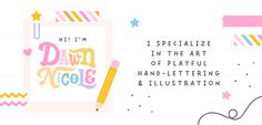 an open notebook with the words, i'm specialize in the art of playu hand - lettering and illustration