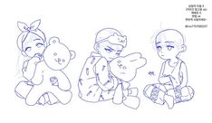 three cartoon characters sitting on the ground with one holding a teddy bear in his lap