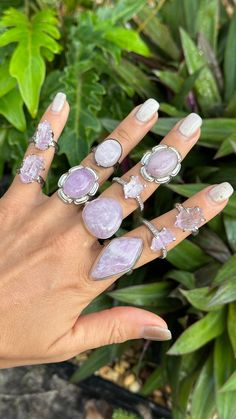 You will receive one kunzite .925 silver ring Choose your ring and size checkout Photos are numbered with size Big Crystal Rings, Pretty Jewellery Silver, Fantasy Jewelry Magic, Afro Jewelry, Kunzite Ring, Whimsical Jewelry, Soldering Jewelry, Magical Jewelry, Crystal Necklaces