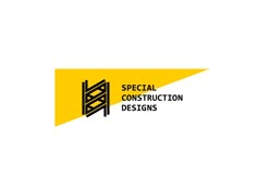 the logo for special construction designs, which is yellow and black with a ladder on it